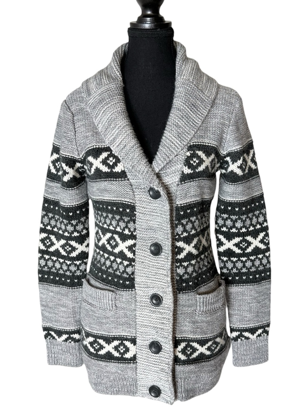 SANSARA Wool Blend Knit Button Front Cardigan Cowichan Sweater Fair Isle Small